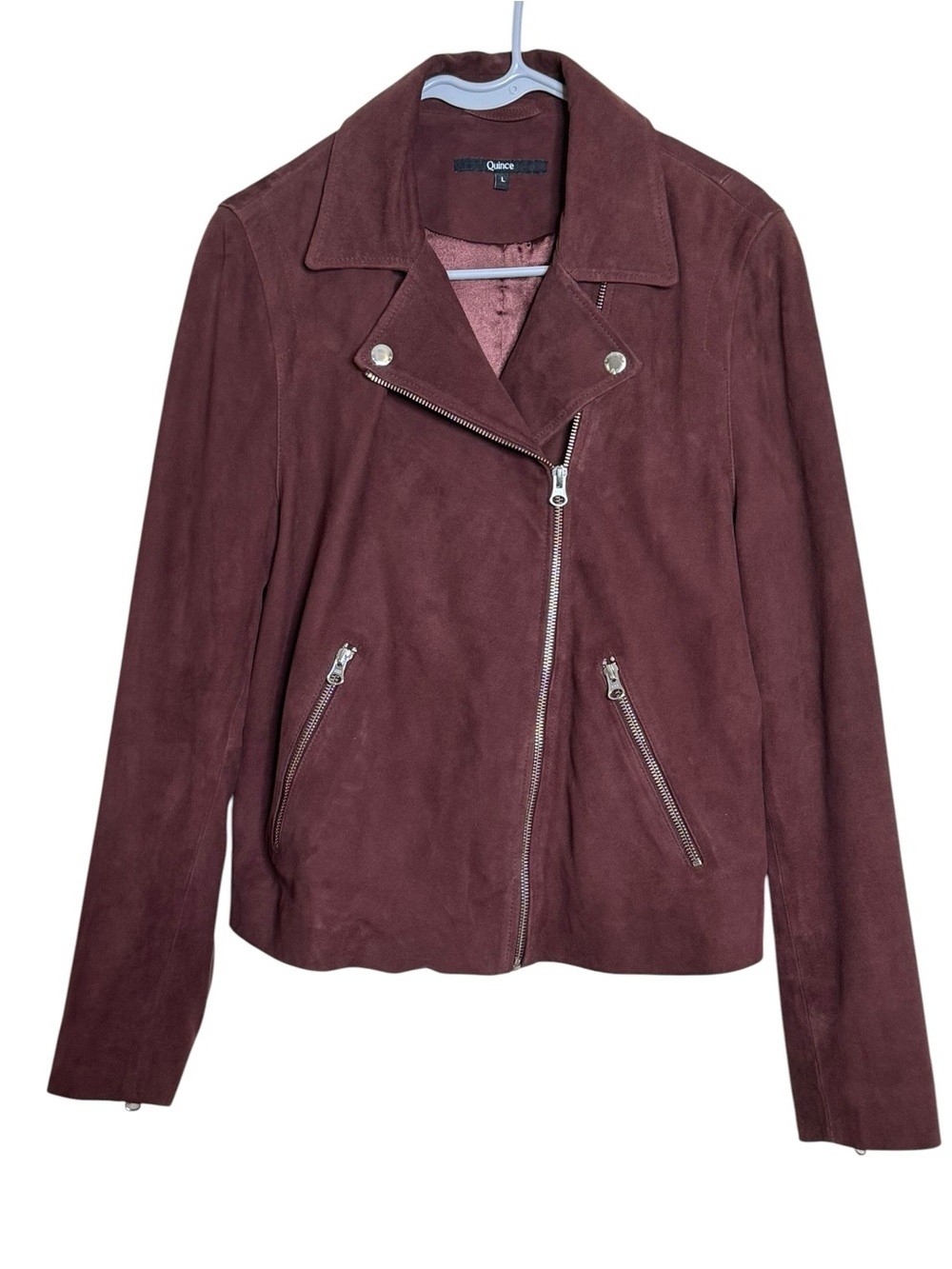 Quince Motorcycle Jacket 100% GOAT Leather Burgundy Size L Zippered Pockets